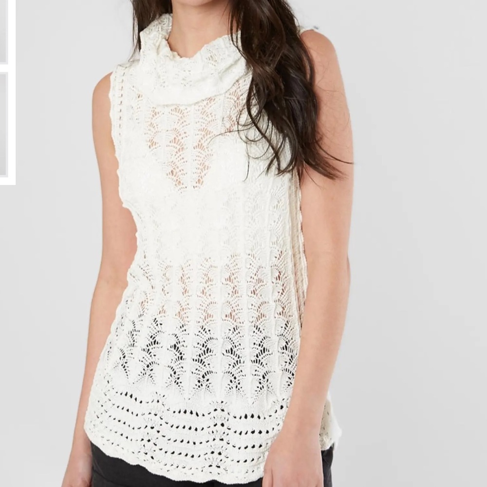 Miss Me Pointelle Crochet Cowl Neck Sweater Tank in Ecru sz small EUC